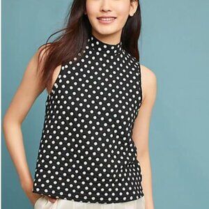 Anthropologie Postmark Polka Dot Mock Neck Sleeveless Top LARGE Black White